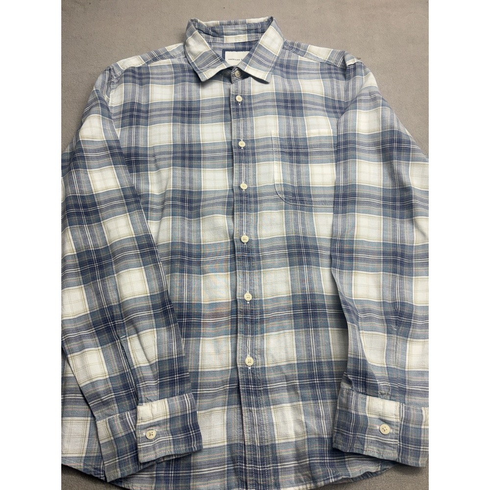 American Eagle Super Soft Blue Plaid Button Down Shirt Mens Large L Long Sleeve